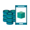 Smartphone with cube on screen and servers disks Vector illustration