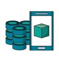 Smartphone with cube on screen and servers disks