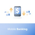 Smartphone and currency exchange, dollar sign, mobile payment, online banking, financial services