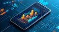Smartphone with 3D financial bar charts and analytics interface mobile phone technology photo Royalty Free Stock Photo