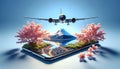 Smartphone with 3D Mount Fuji and City, Airplane Above