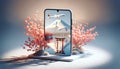 Smartphone with 3D Mount Fuji, Lake, and Torii Gate Display