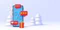 Smartphone 3d render illustration with percent sign and push notifications with likes, gift box and white Chrstmas trees