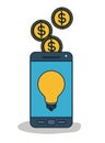 Smartphone device with light bulb in screen and coins on top in white background