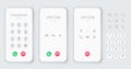 Smartphone dial phone ui set. Phone number pad, call screen with keypad and dial buttons. Mockup incoming call. Vector