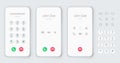 Smartphone dial phone ui set. Phone number pad, call screen with keypad and dial buttons. Mockup incoming call. Vector