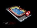 Smartphone with dices. Online casino concept. Isolated black background. 3d Illustration Royalty Free Stock Photo