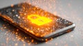 Smartphone with a digital lock icon displayed on the screen, surrounded by glowing sparks and particles Royalty Free Stock Photo