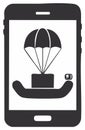 Smartphone display with quick delivery service by parachute dropping a package into an open hand Royalty Free Stock Photo
