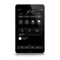 Smartphone display showing a black and white interface with various circular icons and text.