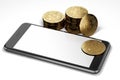 Smartphone display with space for random design surrounded by Bitcoin piles. Isolated on white with copyspace.