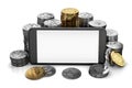 Smartphone display with space for random design surrounded by different cryptocurrencies piles. Isolated on white