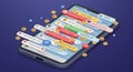 A smartphone displaying an array of colorful social media notifications, messages, Royalty Free Stock Photo