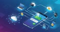 A smartphone displaying a banking app with connected devices and cloud in a blue digital network digital payment Royalty Free Stock Photo