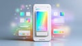 A smartphone displaying a colorful user interface, surrounded by floating app icons and digital elements, set against a soft Royalty Free Stock Photo