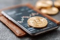 Smartphone displaying crypto wallet application with Bitcoin on leather wallet Royalty Free Stock Photo