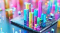 A smartphone displaying 3D market trend analysis and business data graphics, Ai Generated Royalty Free Stock Photo