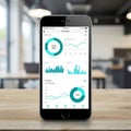 A smartphone displaying a data analytics app with circular graphs, line graphs, and Royalty Free Stock Photo