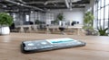 Smartphone Displaying Financial Data on a Wooden Table in a Modern Office During Daylight Hours Royalty Free Stock Photo