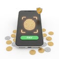 Smartphone displaying fingerprint scan and pay button surrounded by coins isolated on white background Royalty Free Stock Photo