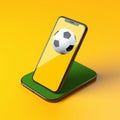 Smartphone displaying football field on yellow background generative AI