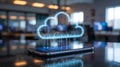 Smartphone displaying a glowing 3D cloud data icon in an office setting mobile computing Royalty Free Stock Photo
