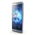 A smartphone displaying a glowing digital globe on its screen