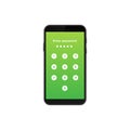 Smartphone displaying green password entry screen with number pad icons for security access
