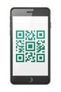 Smartphone displaying a green QR code on its screen with a white background mobile phone Royalty Free Stock Photo