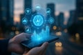 Smartphone displaying AI brain with tech icons over futuristic cityscape, symbolizing smart cities and digital innovation Royalty Free Stock Photo