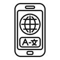 Smartphone displaying language translation app with globe icon, online communication concept