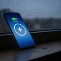 Smartphone displaying low battery and lightning charging symbol on a wet surface Royalty Free Stock Photo