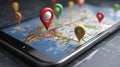 Smartphone displaying map application with gps navigation route pins Royalty Free Stock Photo