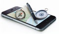 A smartphone displaying a map with a compass and a pen, symbolizing traditional navigation methods