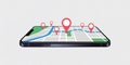 Smartphone displaying a map with multiple red location pins and navigation lines image Royalty Free Stock Photo