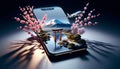 Smartphone Displaying Mount Fuji, Lake, Sakura, and Torii Gate