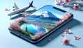 Smartphone Displaying Mount Fuji and Sakura with Airplane