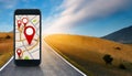 Smartphone displaying navigation path with map pins on a wavy road. 3D Rendering