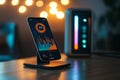 Smartphone displaying network connection data and growth graph digital symbolizing financial, market trend and power usage on Royalty Free Stock Photo