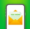 Smartphone showing email message winning notification on screen Royalty Free Stock Photo