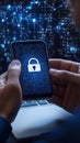 Smartphone Displaying Padlock Icon Overlaid on Blue Code Royalty Free Stock Photo