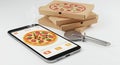 Smartphone displaying a pizza order app lies on a white surface next to a pizza
