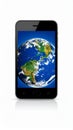 Smartphone displaying planet Earth with continents and clouds on screen against white background Royalty Free Stock Photo