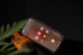 Neoteric smartphone displaying received call on screen lying on black table under red-orange flower and green leaves.