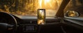 The smartphone displaying a scenic forest view in a car's interior. AI generated image Royalty Free Stock Photo