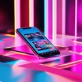 Smartphone Displaying Social Media App Interface with Neon Lights