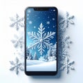 Smartphone Displaying Winter Snowflake Scene with Trees on White Background Royalty Free Stock Photo