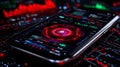 A smartphone displays a colorful data analytics dashboard with bar and circular charts