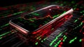 A smartphone displays a colorful data analytics dashboard with bar and circular charts