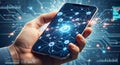 Hand holding smartphone displaying a complex network of interconnected data points and lines Royalty Free Stock Photo